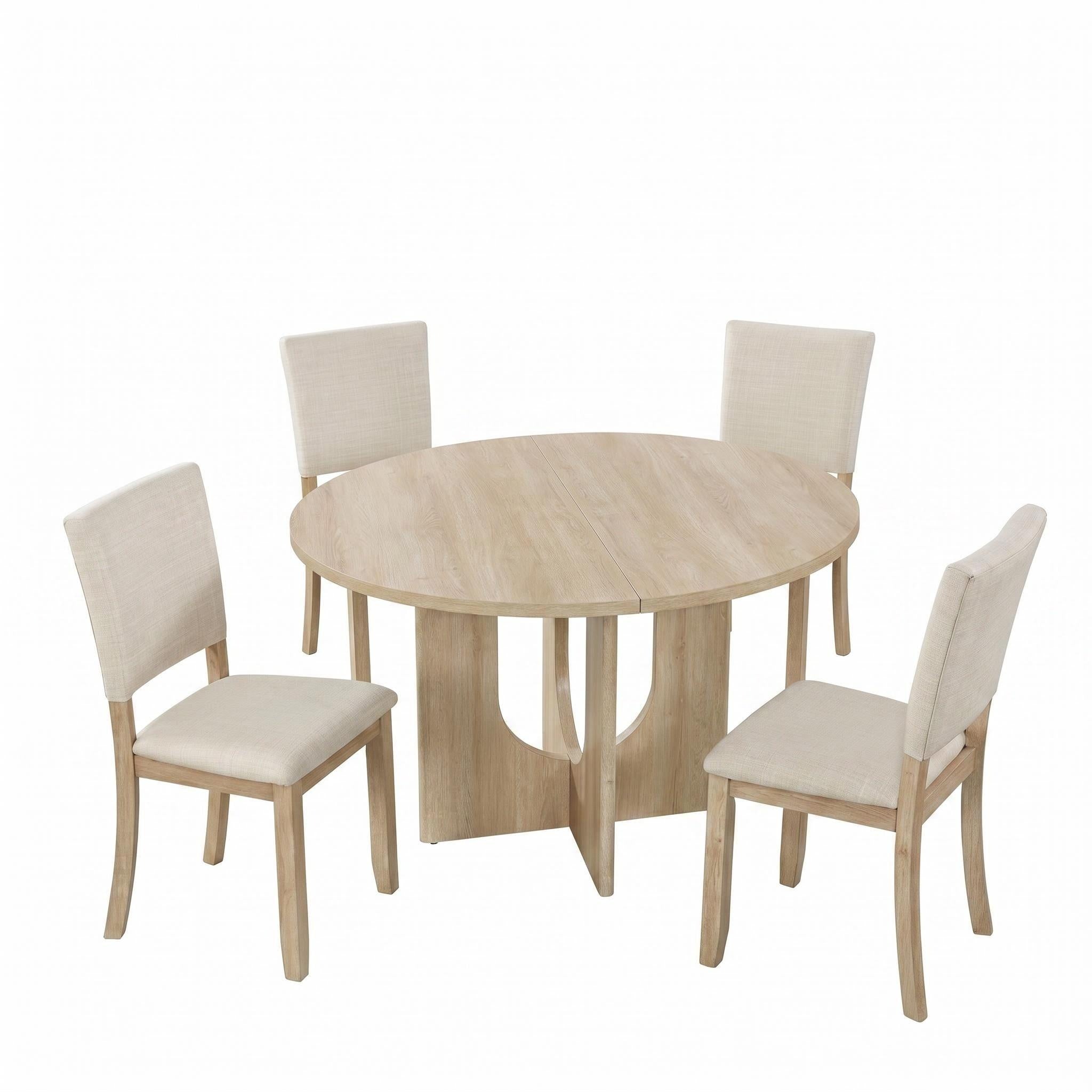 Modern Round Dining Table Set with 4 Upholstered Chairs – Black Wood Finish