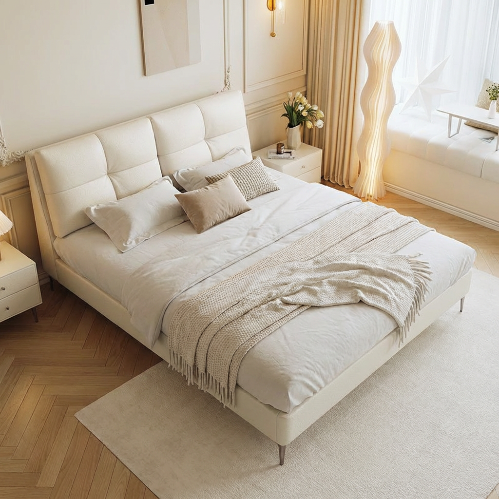 Penghao Cream Style Marriage Bed - Premium Top-Grain Cowhide Upholstered Double Bed for Modern Couples