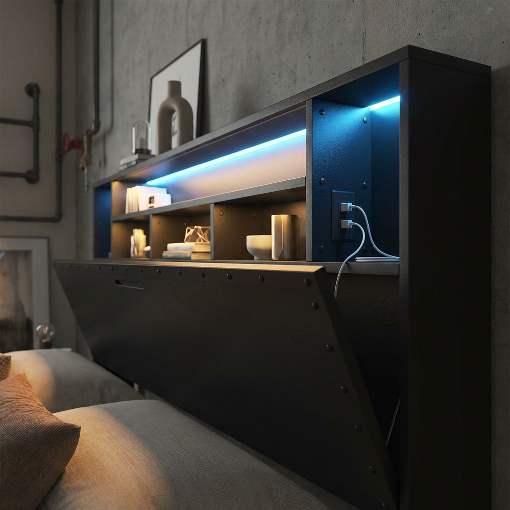 Penghao Multifunctional Iron Bed with Charging Station & LED - Industrial Metal Frame with Storage Drawers