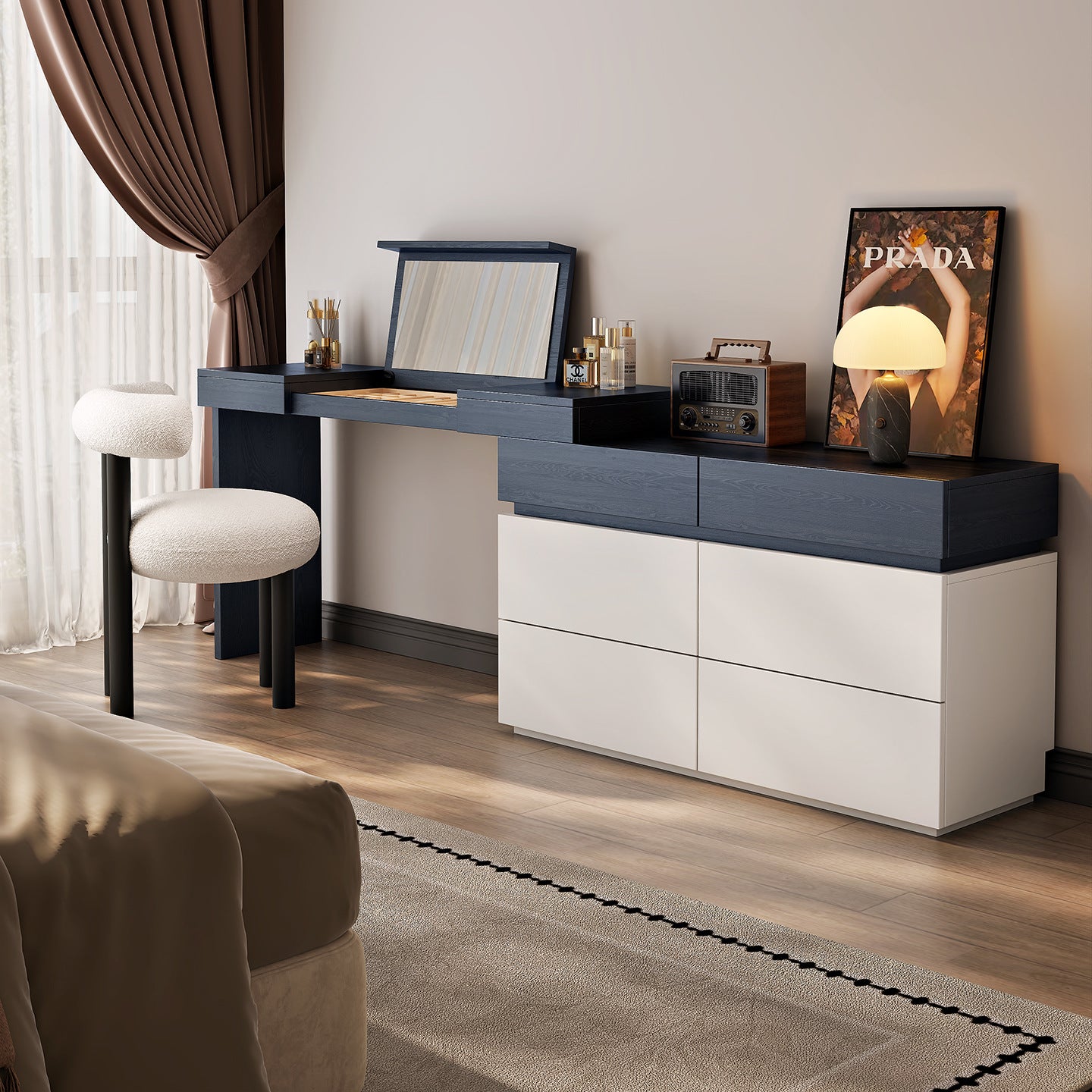 Medieval-Style Flip-Top Dressing Table Wooden Chest Modern Minimalist Bedroom Makeup Table with Hidden Mirror