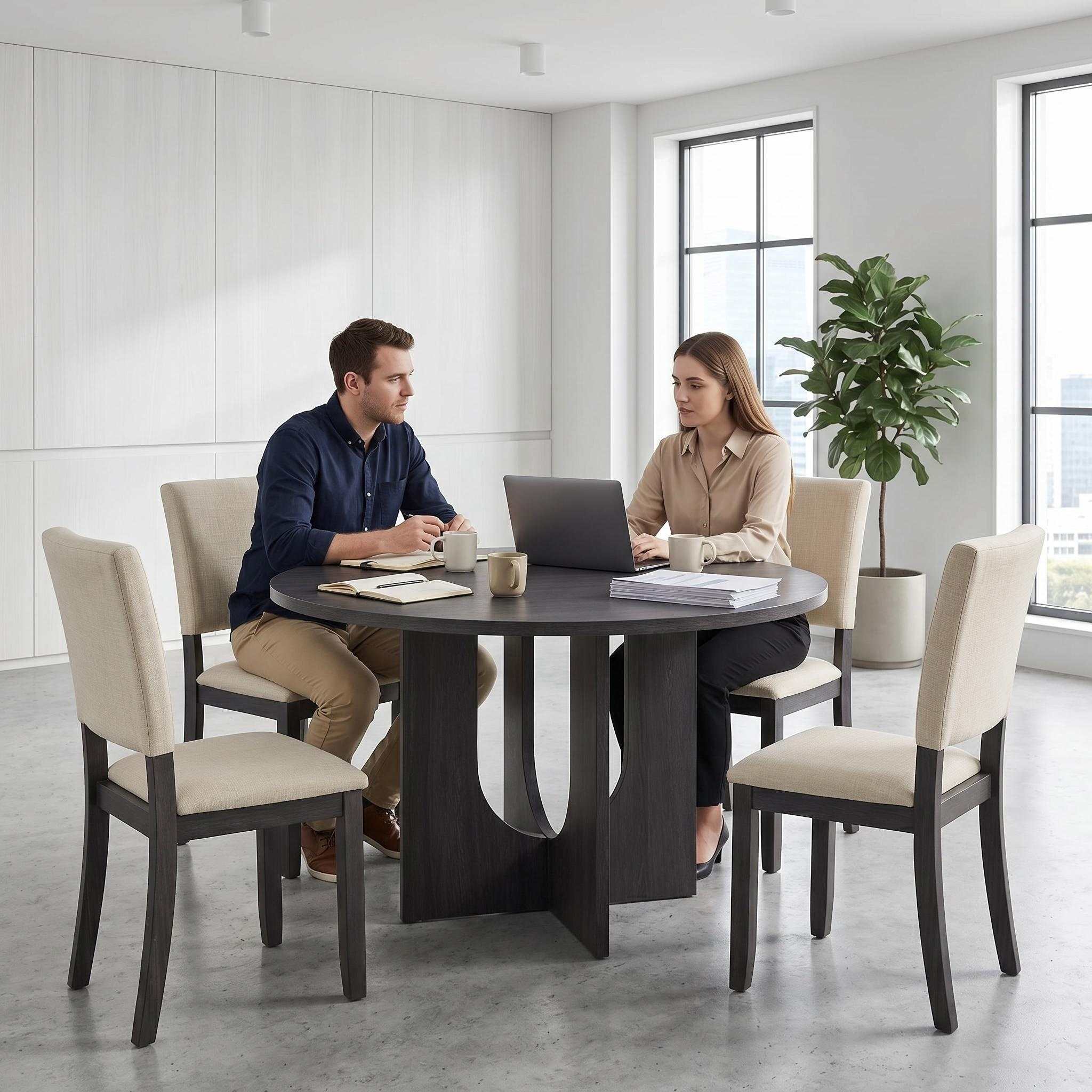Modern Round Dining Table Set with 4 Upholstered Chairs – Black Wood Finish