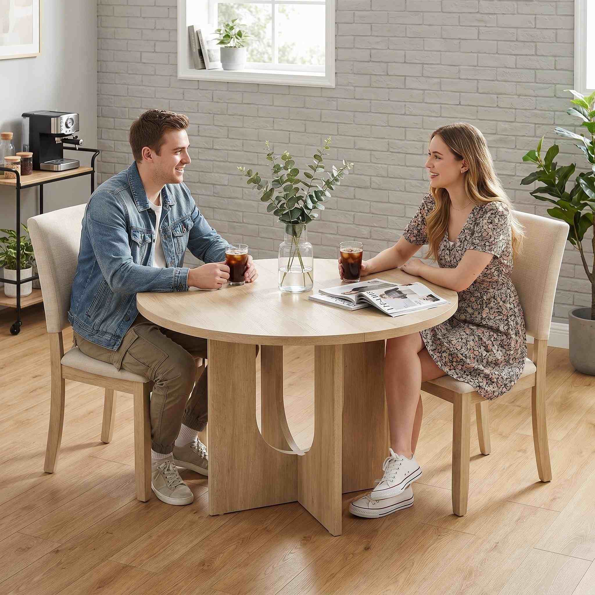Modern Round Dining Table Set with 4 Upholstered Chairs – Black Wood Finish