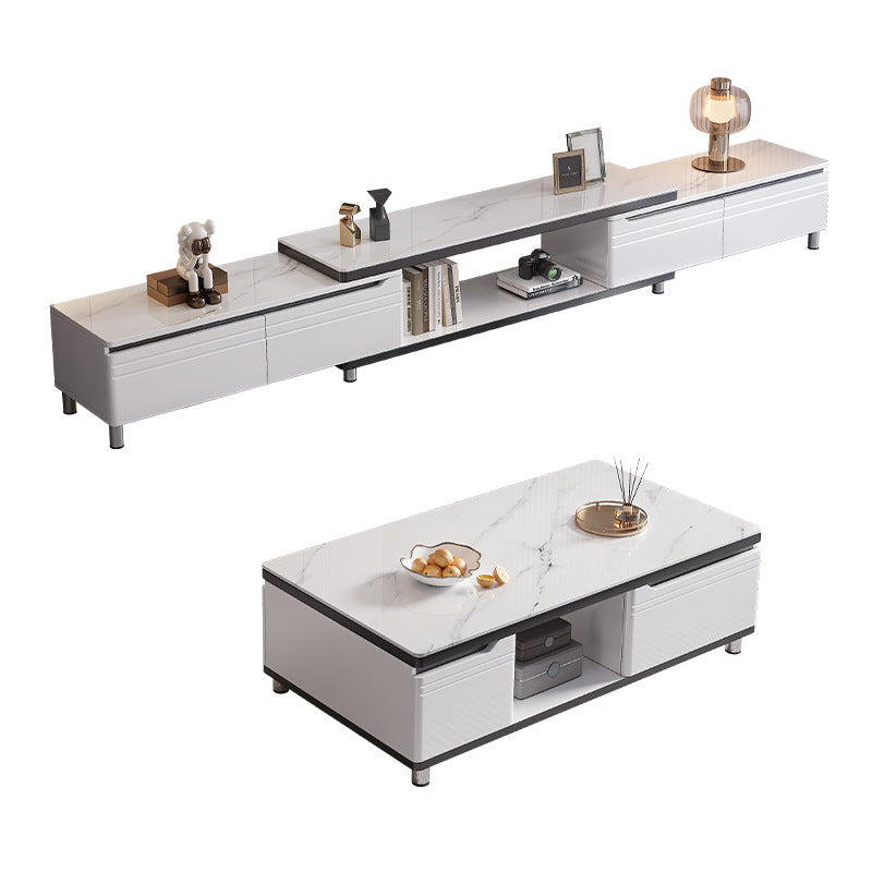 Minimalist Coffee Table and TV Stand Set – Marble Pattern TV Stand with Extendable Side Table