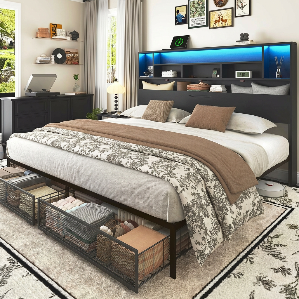 Penghao Multifunctional Iron Bed with Charging Station & LED - Industrial Metal Frame with Storage Drawers