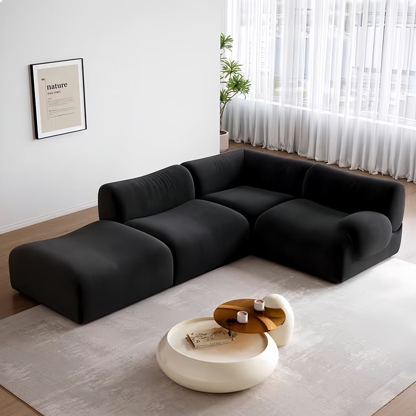 Nordic Armless 3-Seat Sofa – Retro Black Cloth Middle Module for Small Apartment Living Room