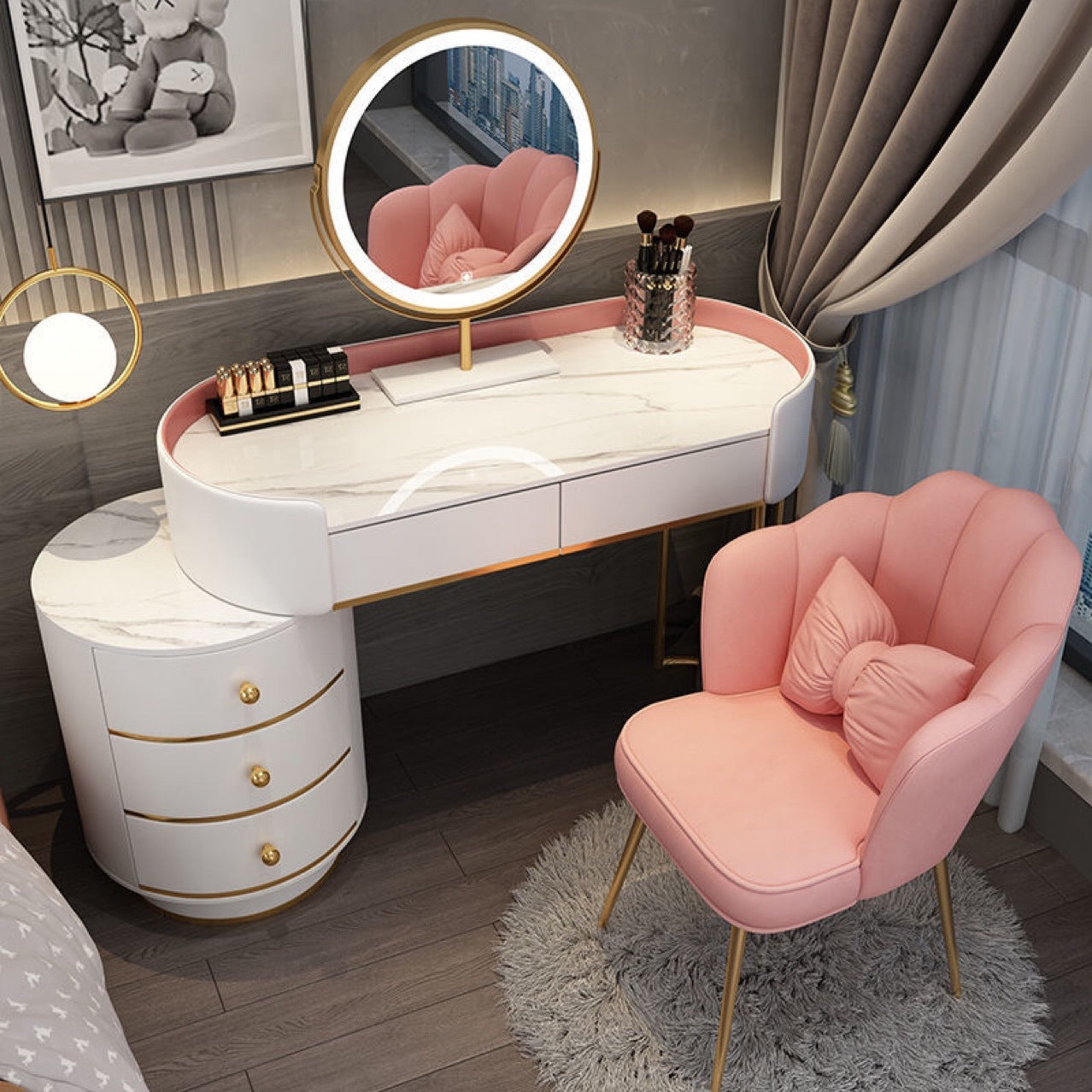 Nordic Luxury High-End Dressing Table Granite-Top Intelligent Makeup Station with Storage Cabinet and Extendable Design