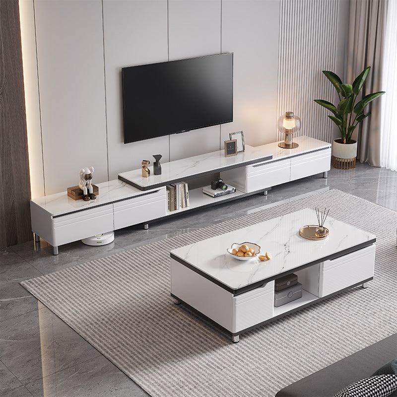 Minimalist Coffee Table and TV Stand Set – Marble Pattern TV Stand with Extendable Side Table
