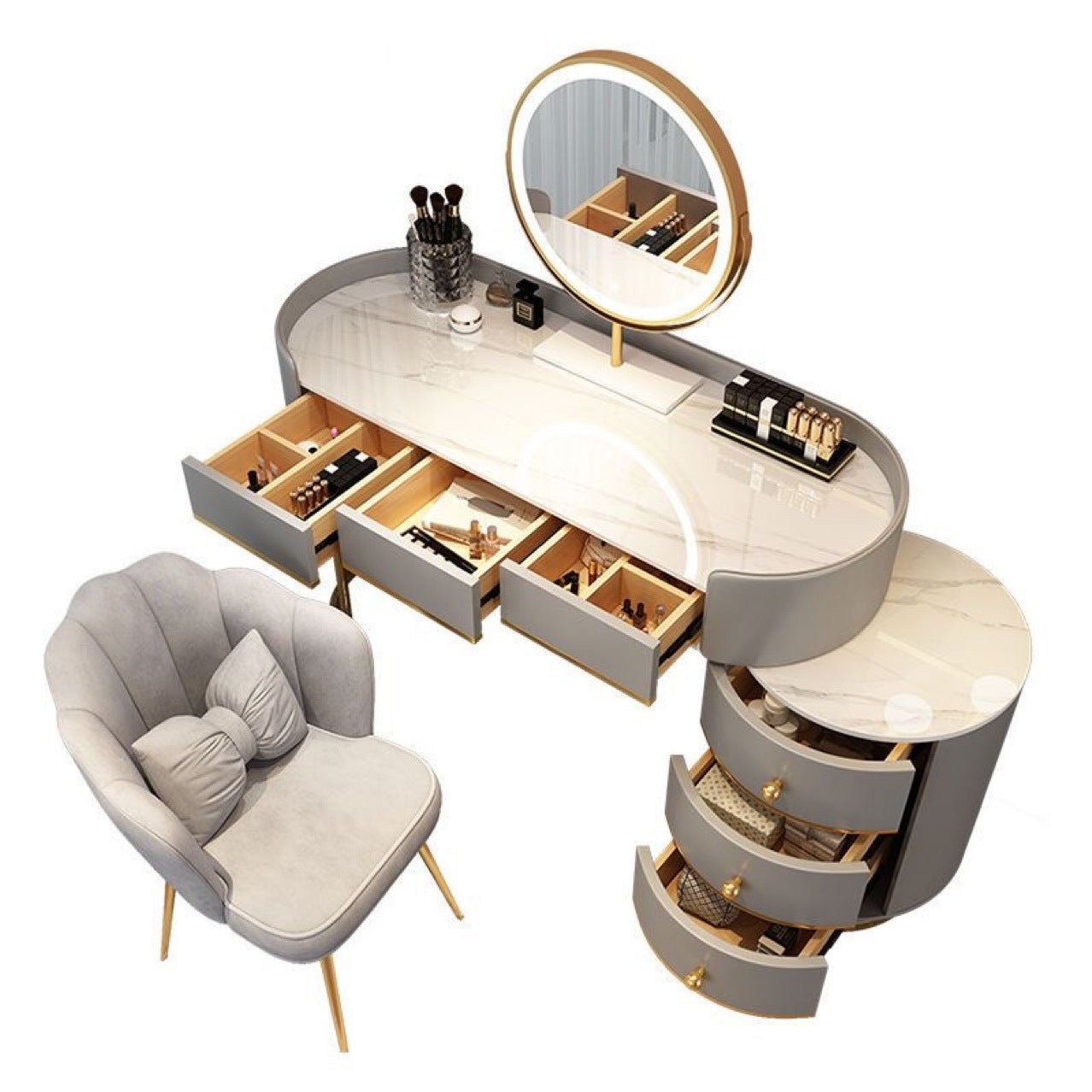 Nordic Luxury High-End Dressing Table Granite-Top Intelligent Makeup Station with Storage Cabinet and Extendable Design