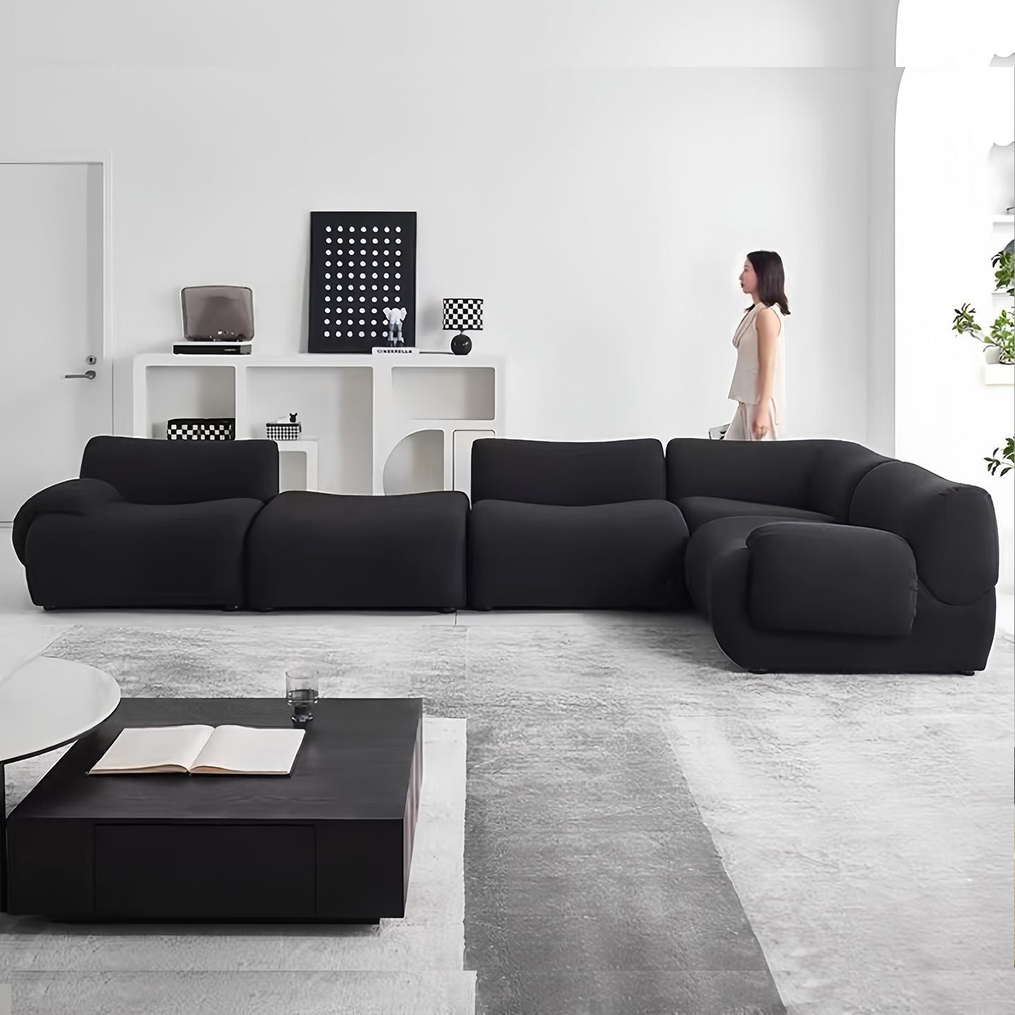 Nordic Armless 3-Seat Sofa – Retro Black Cloth Middle Module for Small Apartment Living Room
