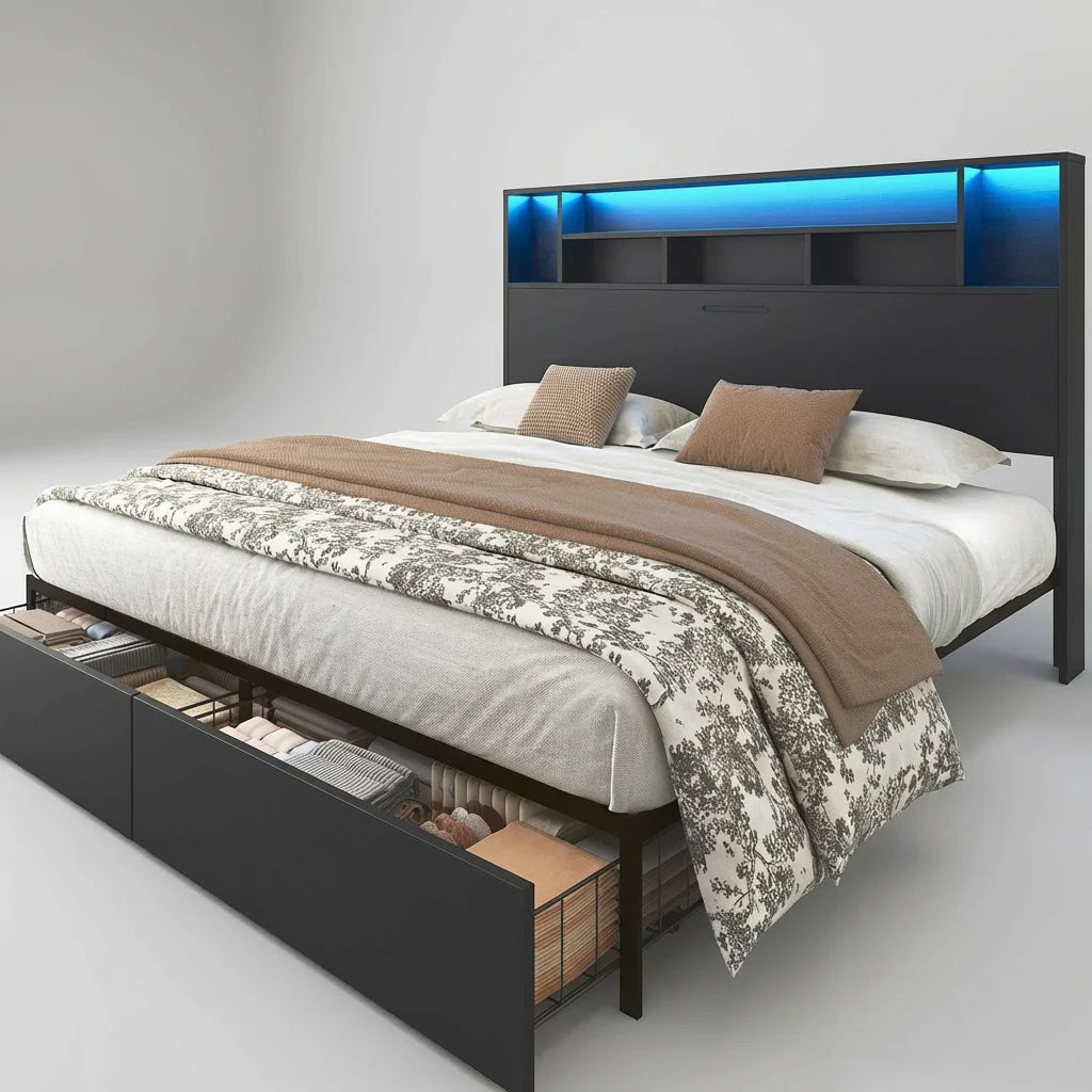 Penghao Multifunctional Iron Bed with Charging Station & LED - Industrial Metal Frame with Storage Drawers