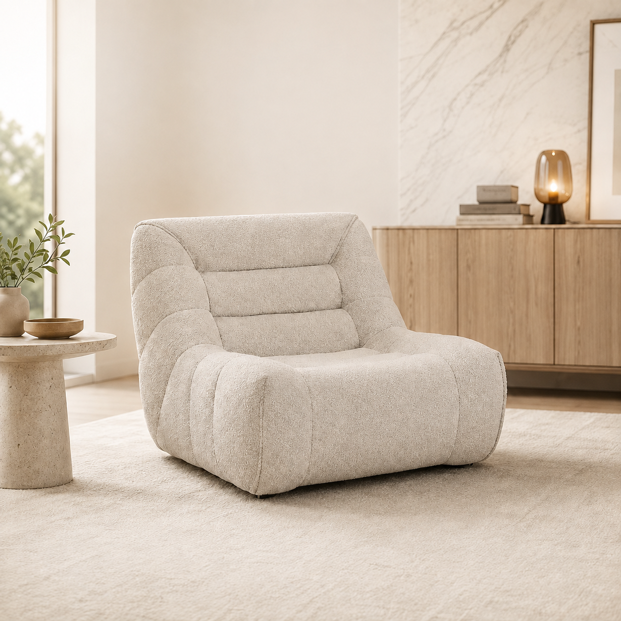 Modern Luxury Khaki Fabric Tufted Modular Armchair, Comfortable Living Room Sofa