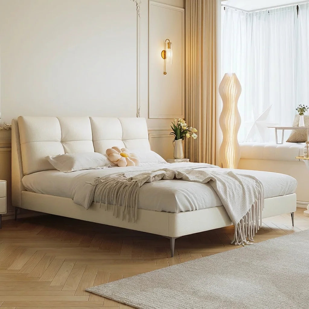 Penghao Cream Style Marriage Bed - Premium Top-Grain Cowhide Upholstered Double Bed for Modern Couples