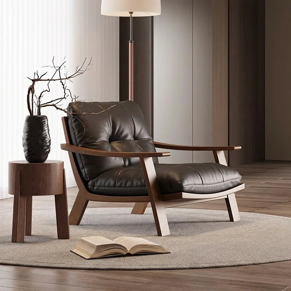 Penghao Wabi-Sabi Solid Ash Wood Single Sofa - Retro Leather Leisure Chair for Modern Minimalist Interiors