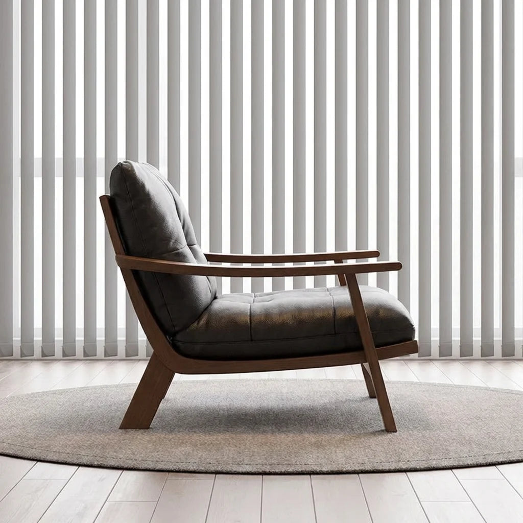 Penghao Wabi-Sabi Solid Ash Wood Single Sofa - Retro Leather Leisure Chair for Modern Minimalist Interiors
