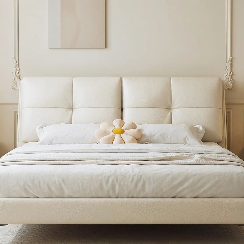 Penghao Cream Style Marriage Bed - Premium Top-Grain Cowhide Upholstered Double Bed for Modern Couples