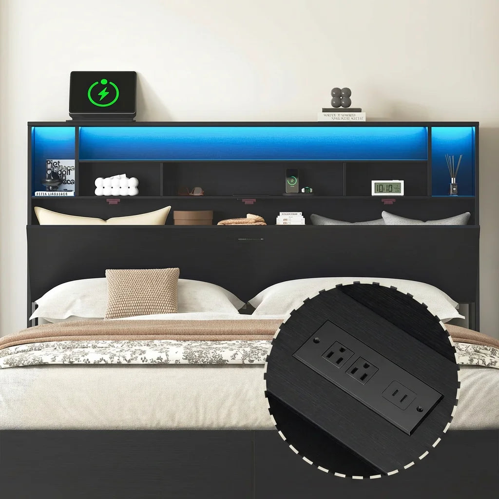 Penghao Multifunctional Iron Bed with Charging Station & LED - Industrial Metal Frame with Storage Drawers