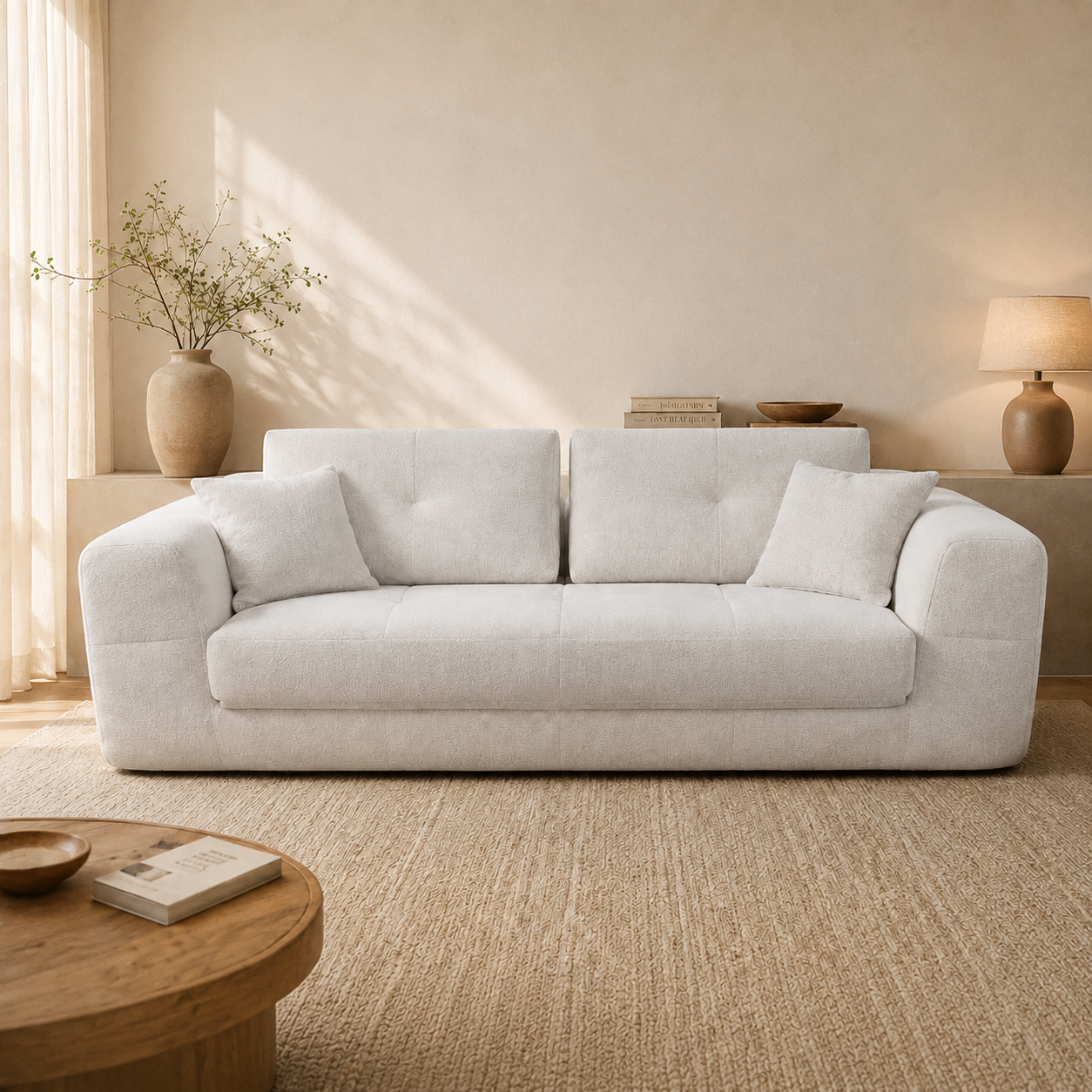 Modern Luxury White Fabric Three Seater for Living Room, Comfortable Sofa with Deep Seat