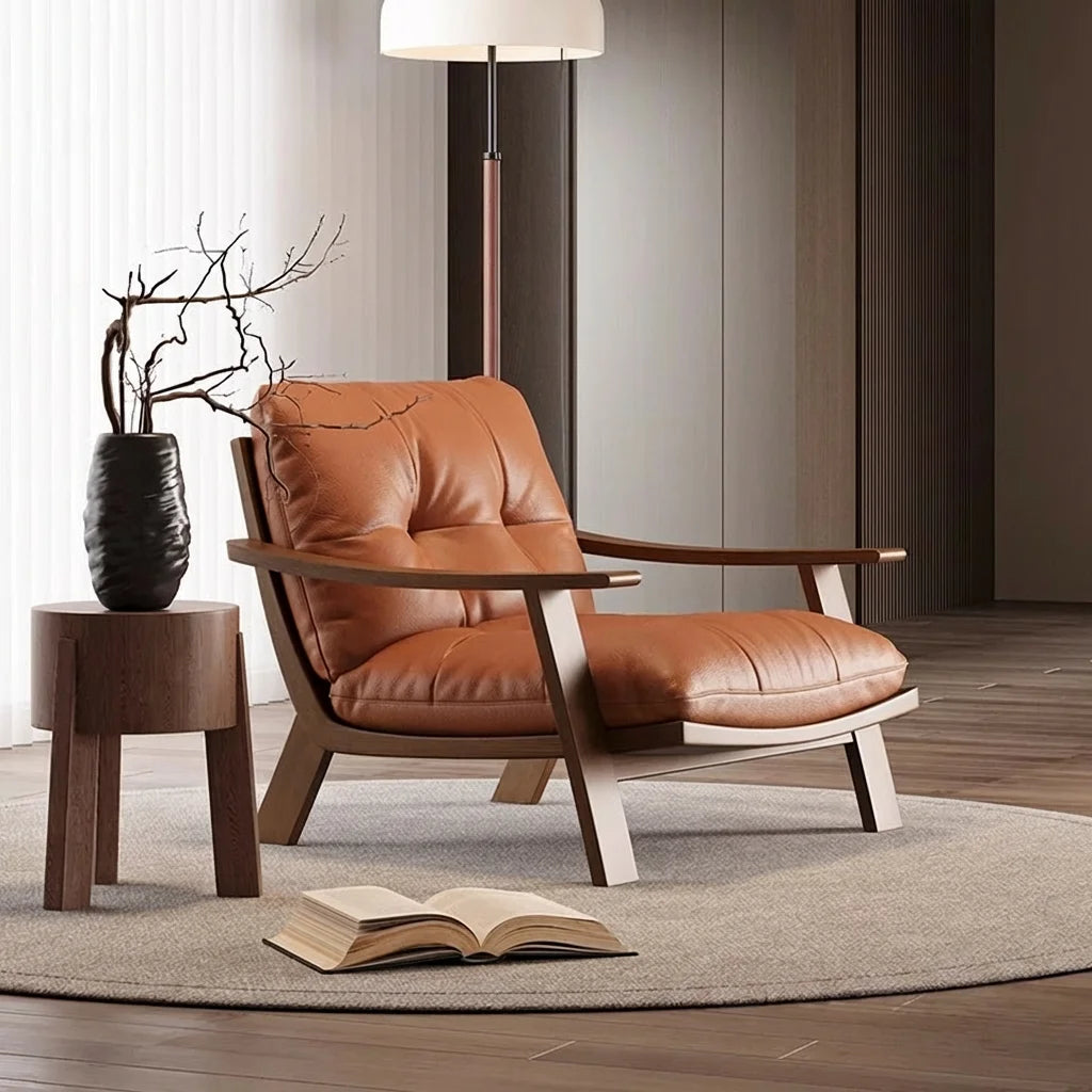 Penghao Wabi-Sabi Solid Ash Wood Single Sofa - Retro Leather Leisure Chair for Modern Minimalist Interiors