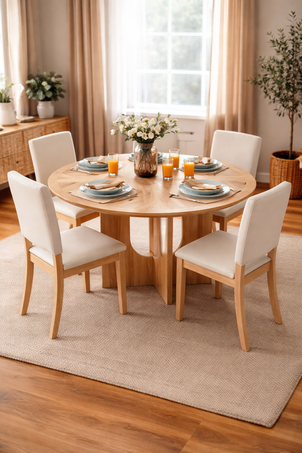 Modern Round Dining Table Set with 4 Upholstered Chairs – Light Wood Finish