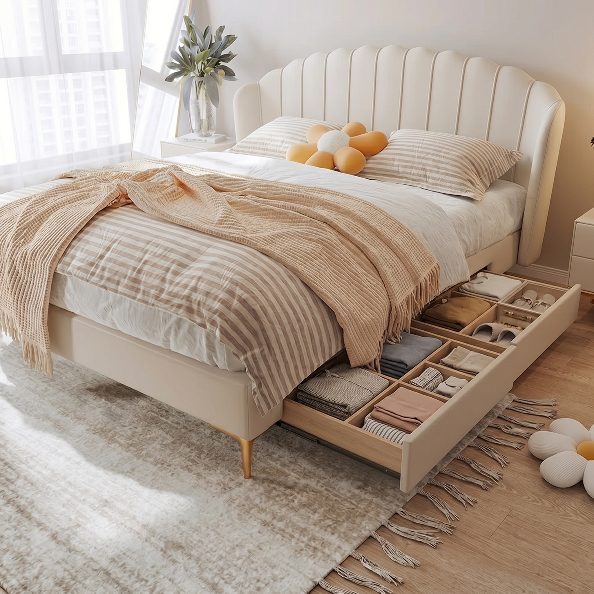 Penghao Nordic Light Luxury Petal Leather Bed - Upholstered Soft-Bag Queen Bed with Storage Option