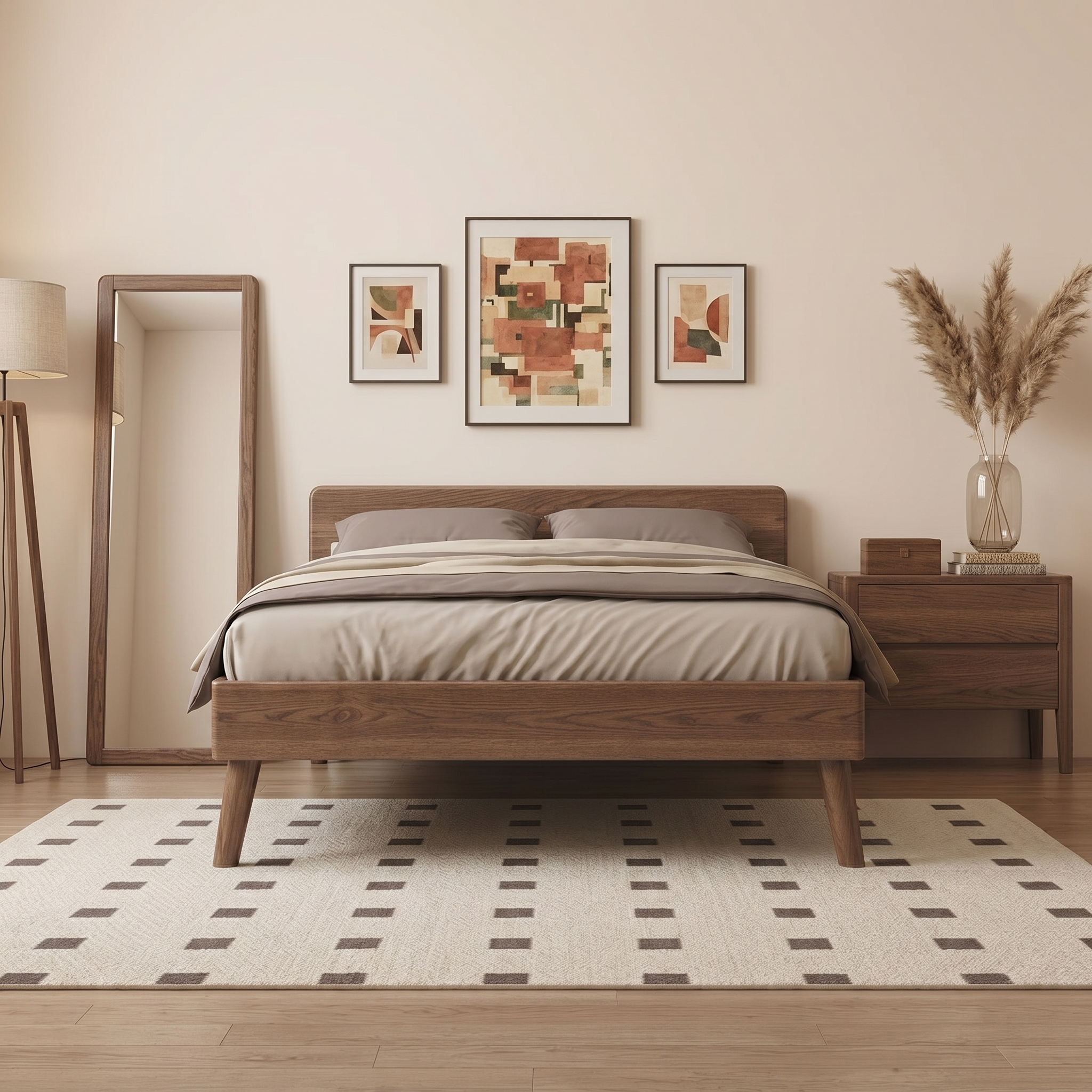 Penghao Modern Minimalist Solid Oak Bed - Natural Wood Frame for Primary & Guest Bedrooms