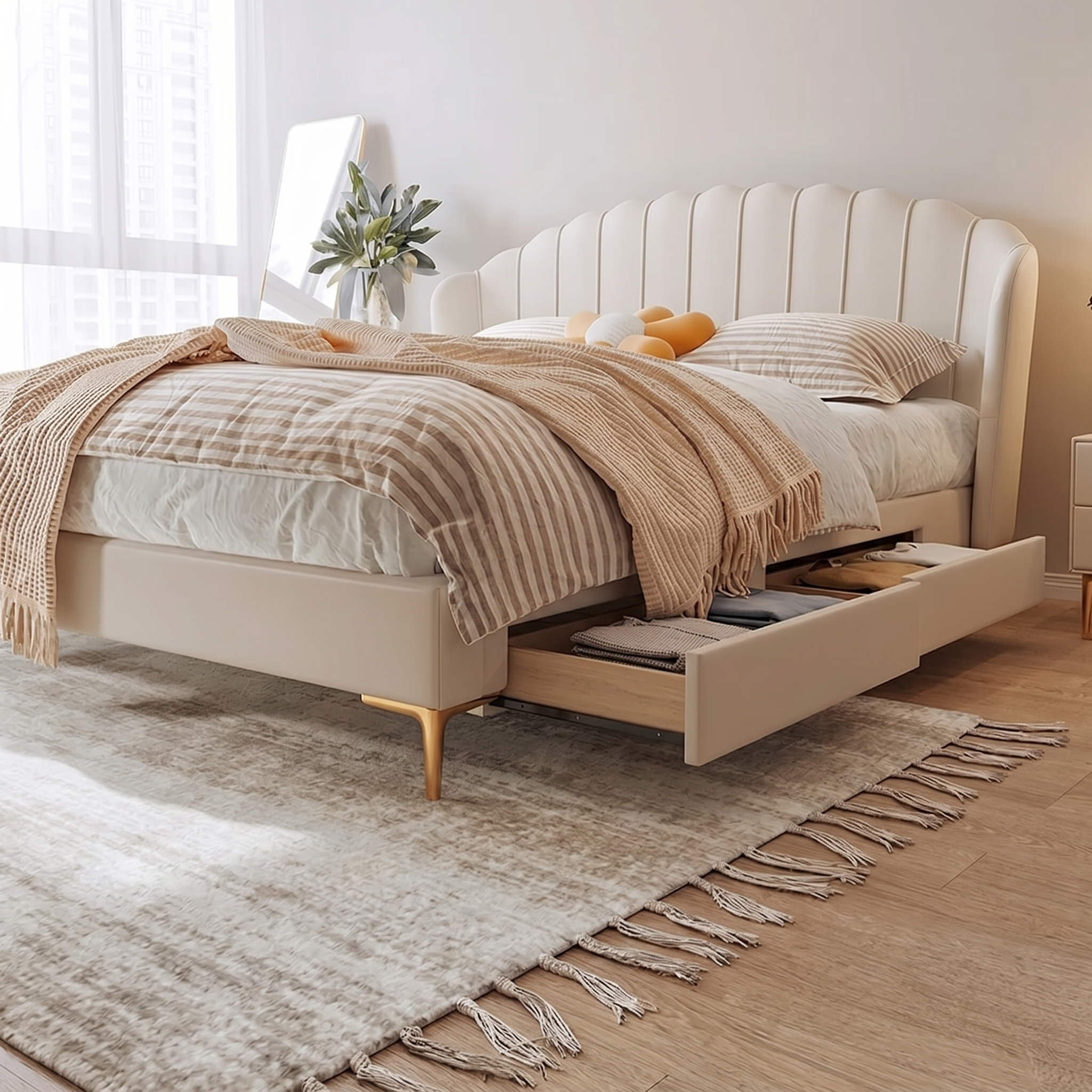Penghao Nordic Light Luxury Petal Leather Bed - Upholstered Soft-Bag Queen Bed with Storage Option