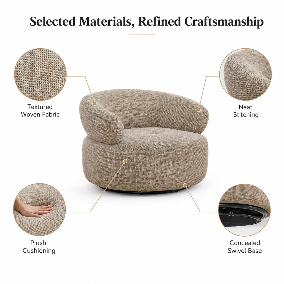 Modern Beige Fabric Lounge Chair Round Barrel Accent Sofa Chair for Living Room Hotel Bedroom