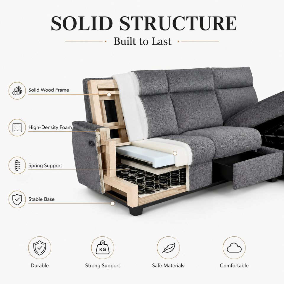 Manufacturer Custom Grey Chenille Square Shaped Reclining Sectional Sofa Storage Chaise LED Light Modern Hotel Living Room