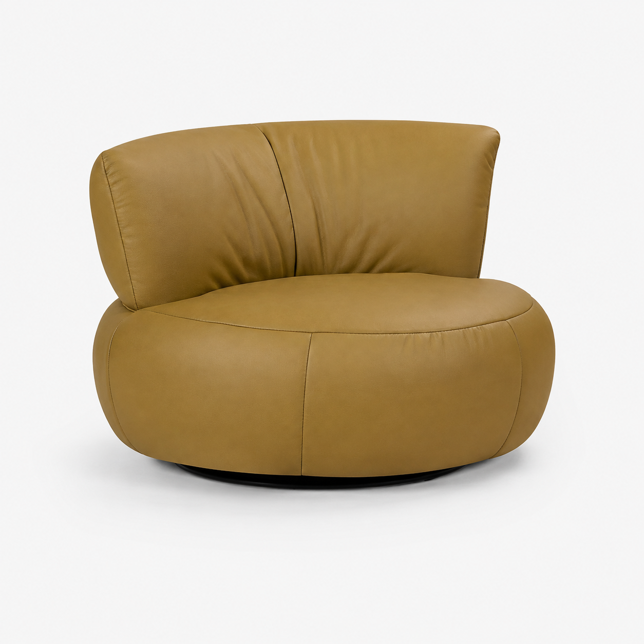 Mustard yellow upholstered swivel accent chair with round cushion, curved backrest, and black low-profile base
