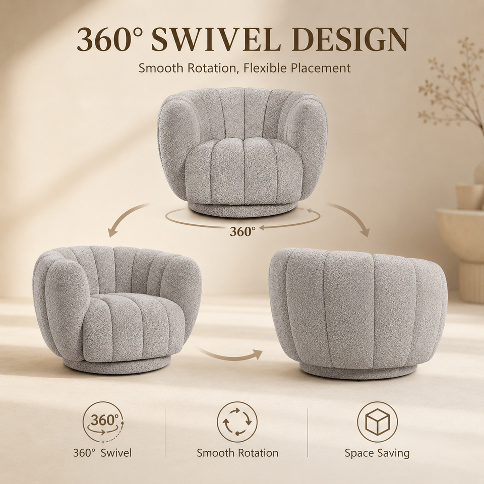 Modern Boucle Fabric Swivel Accent Chair 360 Degree Rotate Oversized Single Sofa Comfortable Upholstered Living Room