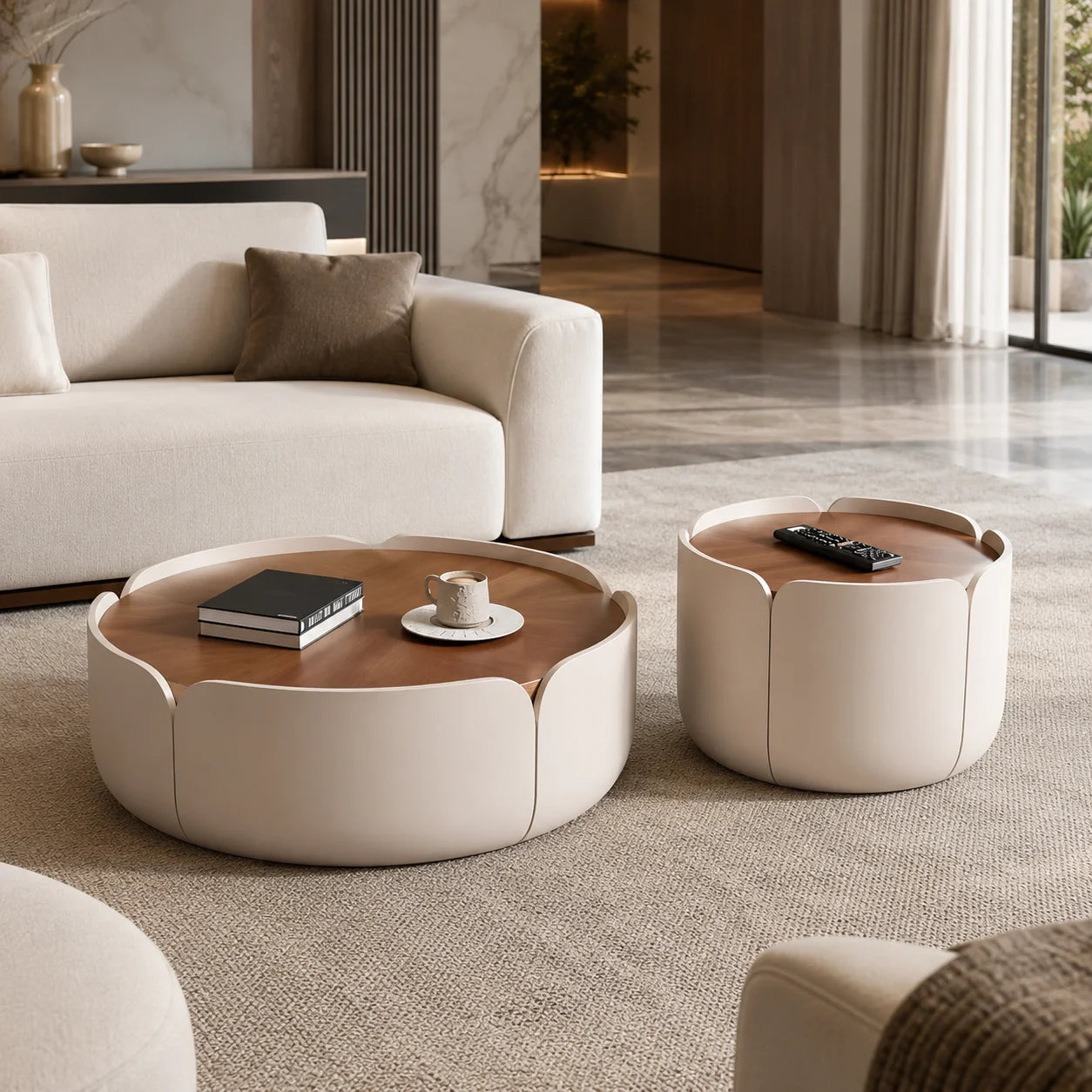 Nordic Style Flower-Shaped Round Coffee Table Walnut Top Wooden Living Room