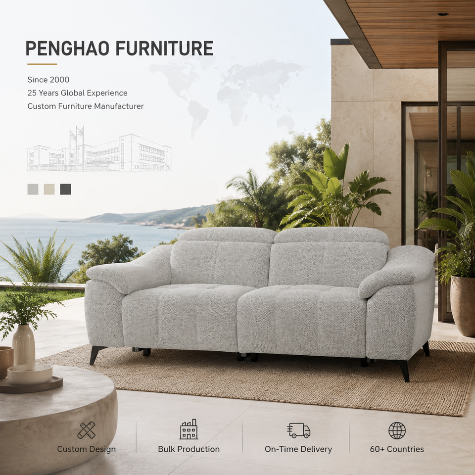 Modern Comfortable Two Seat Recliner Chair Light Grey Textured Tweed Tufted Fabric Sofa Armchair Living Room Home Furniture