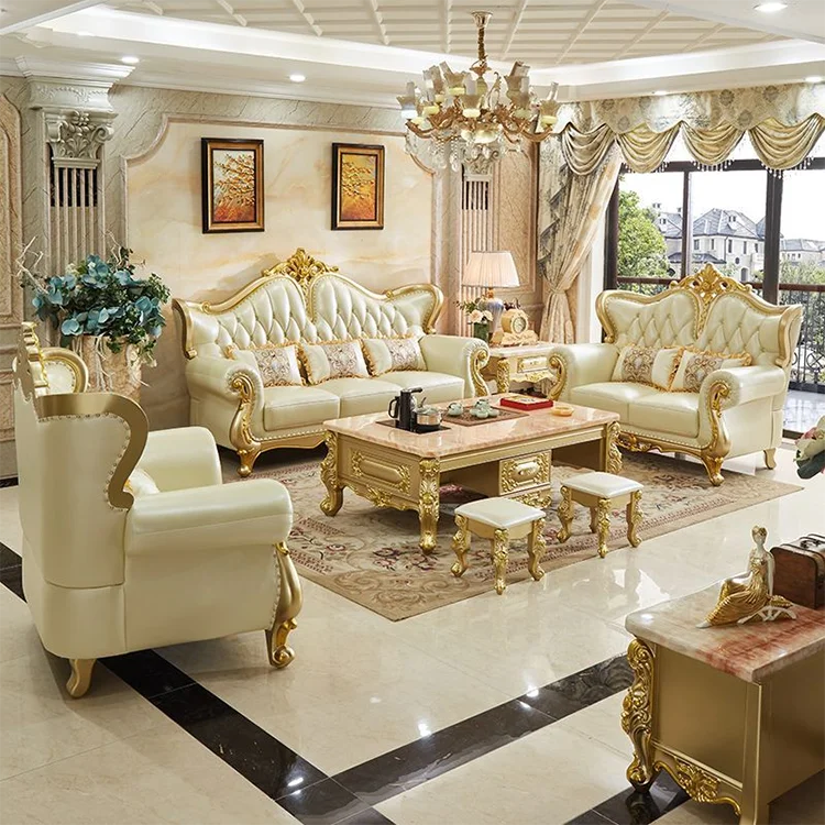 Italian European Style Solid Wood Carved Leather Sofa Living Room Set Villa