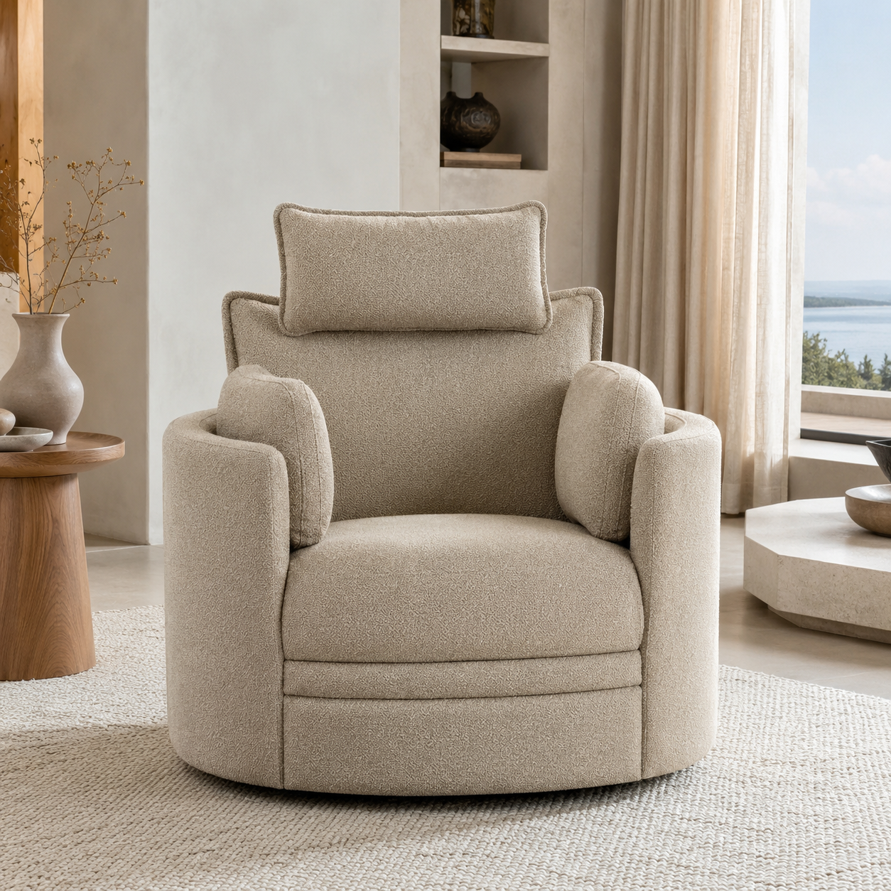 Modern Cream Boucle Fabric Modular One Seat Sofa Convertible Curved Oversized Plush Fabric Sofa for Apartment, Living Room and Home