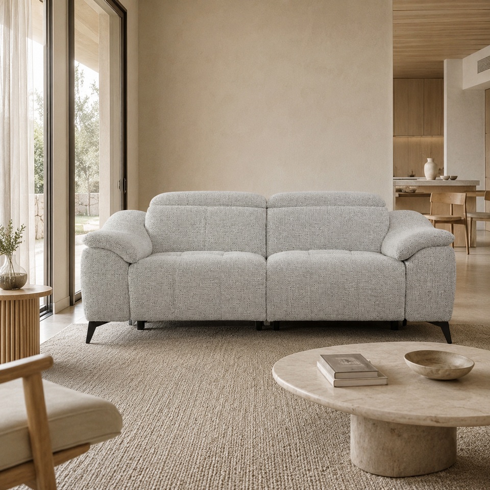 Modern Comfortable Two Seat Recliner Chair Light Grey Textured Tweed Tufted Fabric Sofa Armchair Living Room Home Furniture