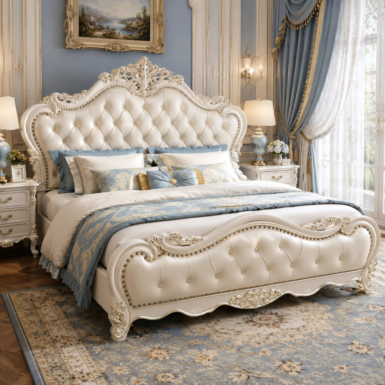 Modern Luxury White Bed with Storage Box & Wooden Frame for Master Bedroom