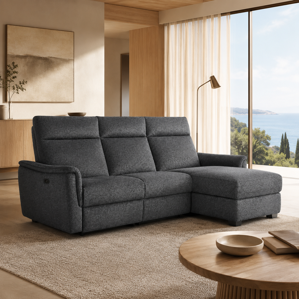 Manufacturer Custom Grey Chenille Square Shaped Reclining Sectional Sofa Storage Chaise LED Light Modern Hotel Living Room