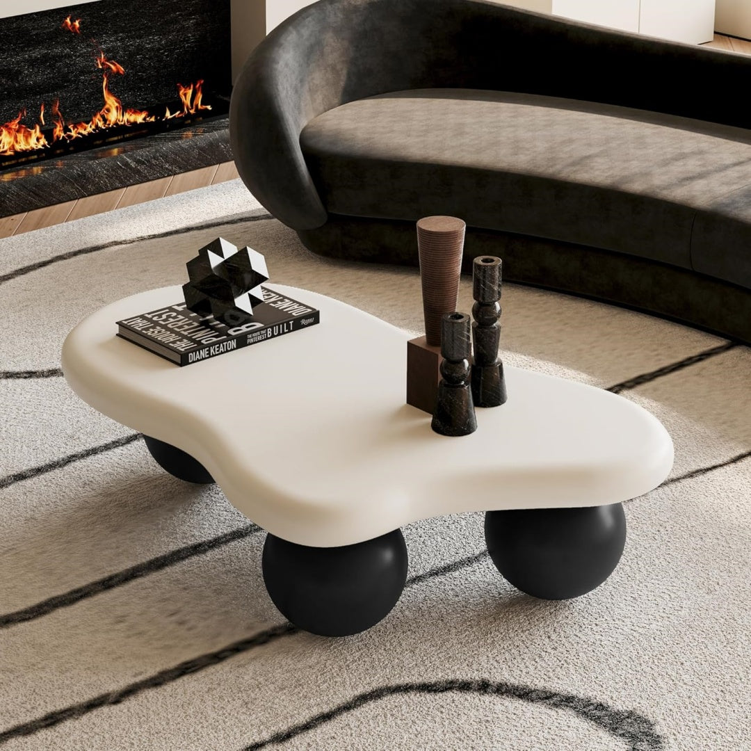 Nordic Minimalist Cream White Coffee Table | Ball Base Design | USA Stock - Fast Shipping