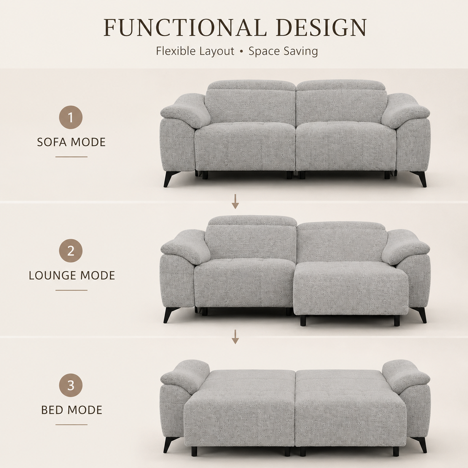 Modern Comfortable Two Seat Recliner Chair Light Grey Textured Tweed Tufted Fabric Sofa Armchair Living Room Home Furniture