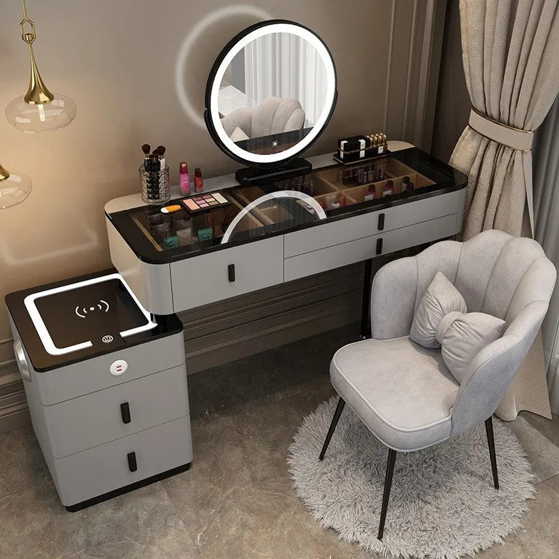 Smart Nordic Multi-Functional Solid Wood Dressing Table Lighted Mirror Vanity