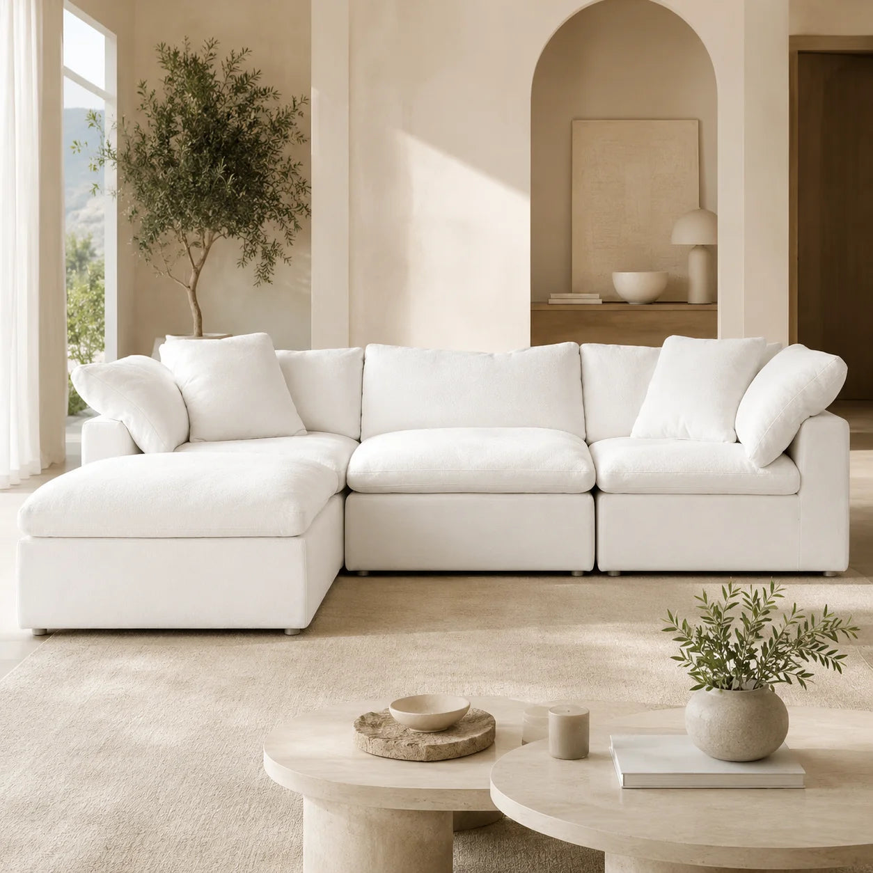 Luxury Modern L Shape Modular Sectional Sofa White Plush Fabric Living Room