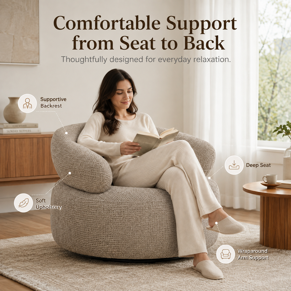 Modern Beige Fabric Lounge Chair Round Barrel Accent Sofa Chair for Living Room Hotel Bedroom
