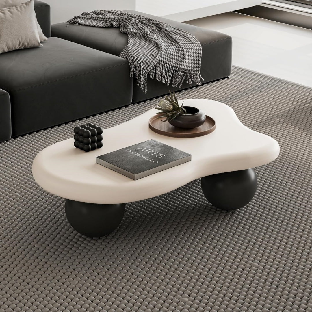 Nordic Minimalist Cream White Coffee Table | Ball Base Design | USA Stock - Fast Shipping