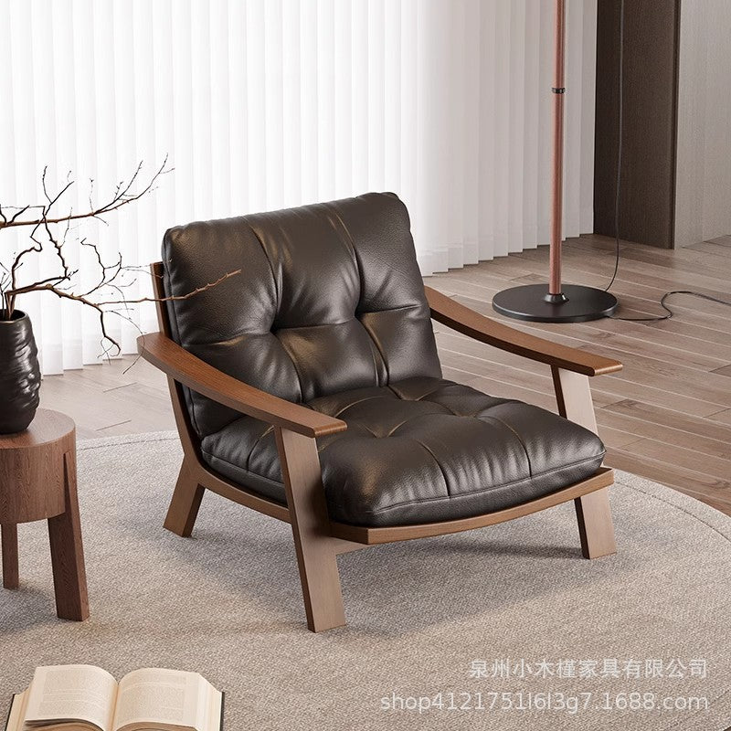 Penghao Wabi-Sabi Solid Ash Wood Single Sofa - Retro Leather Leisure Chair for Modern Minimalist Interiors