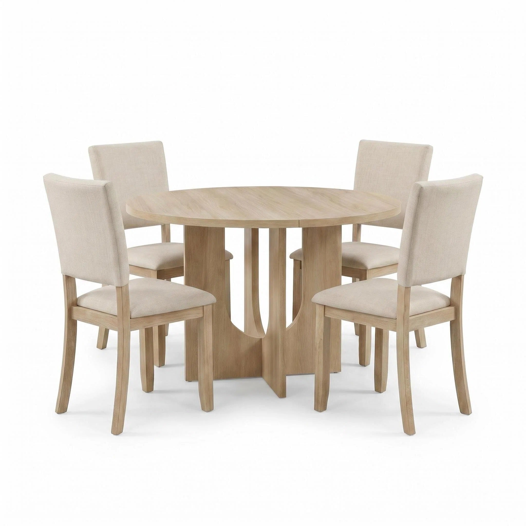 Modern Round Dining Table Set with 4 Upholstered Chairs – Black Wood Finish