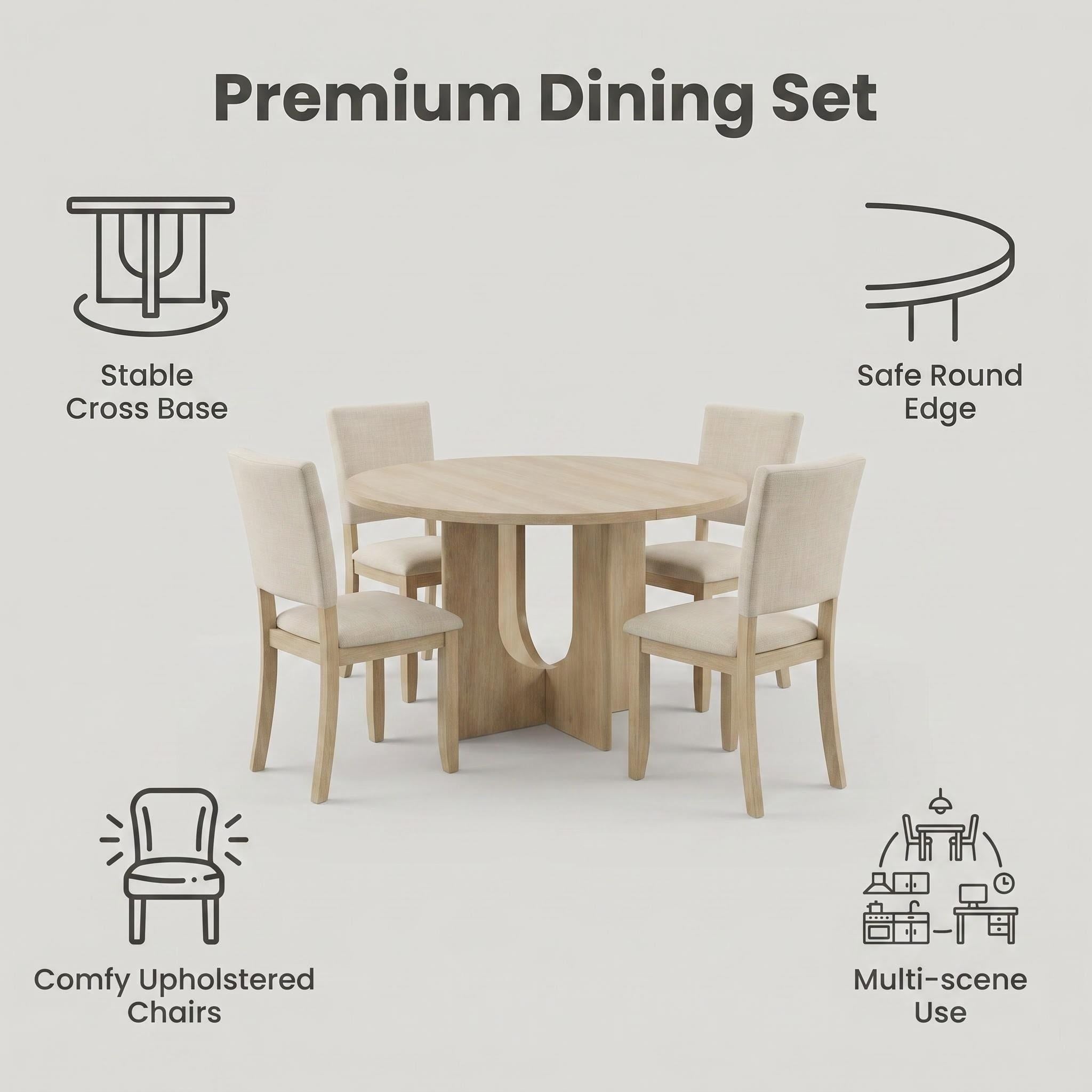 Modern Round Dining Table Set with 4 Upholstered Chairs – Black Wood Finish