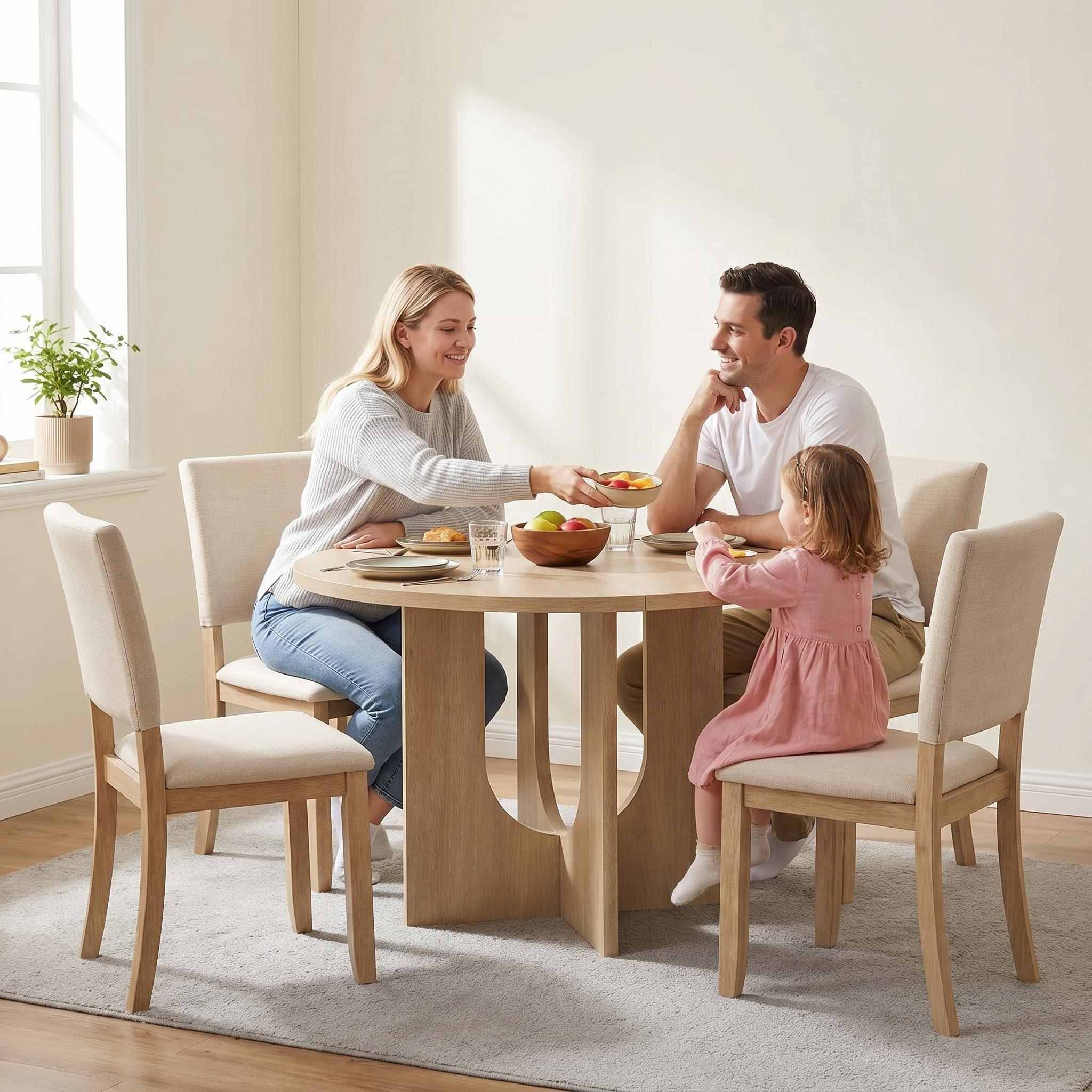 Modern Round Dining Table Set with 4 Upholstered Chairs – Black Wood Finish