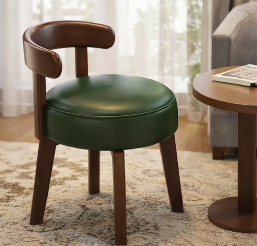Modern Upholstered Vanity Chair – Solid Wood Makeup Stool with Round Cushion Seat
